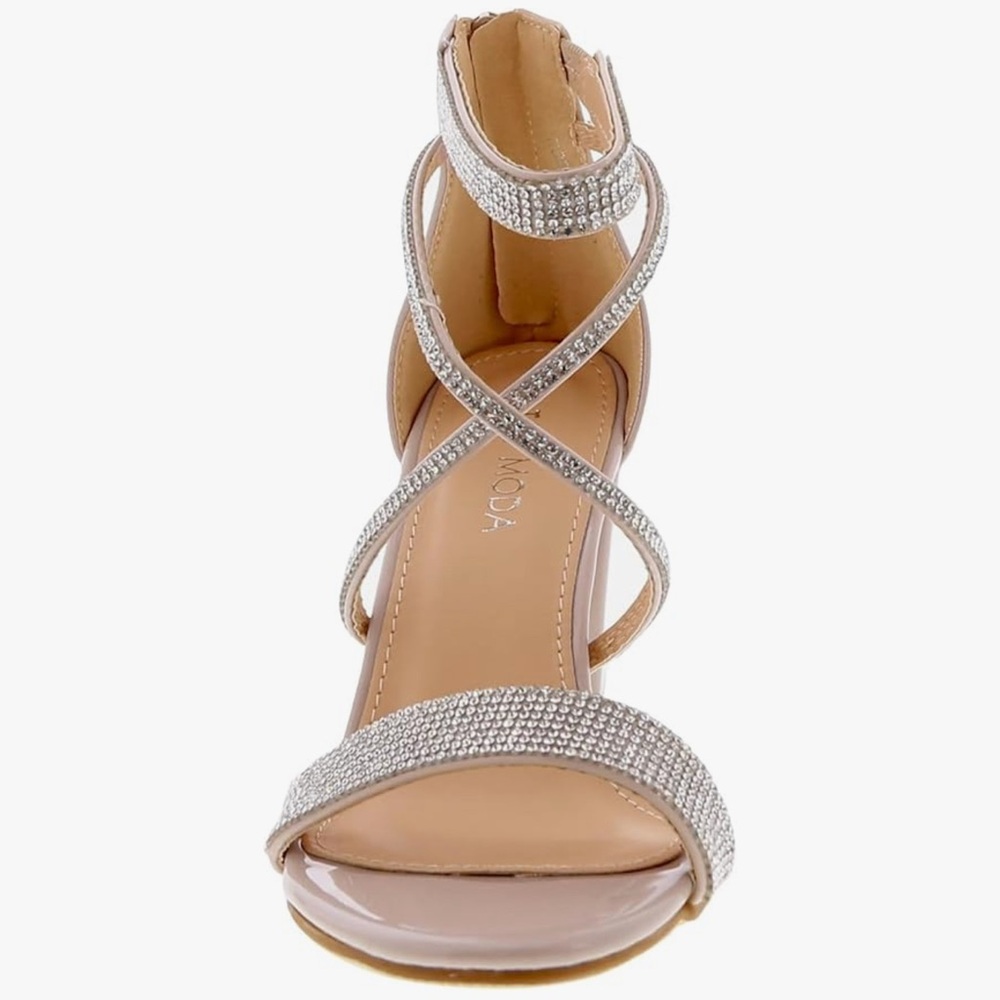 TOP Moda Formal Rhinestone Chunky Block Heel Sandal Crisscross Strappy Nude, 8.5 - Picture 5 of 9
